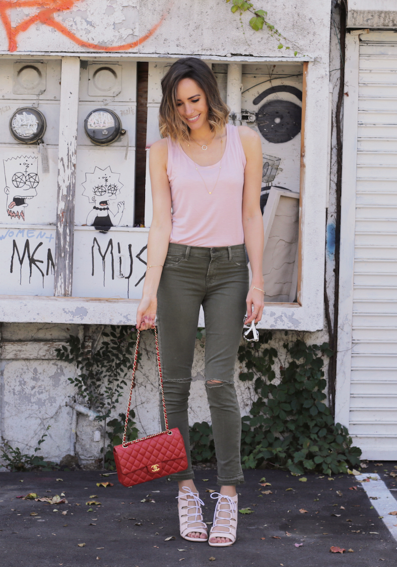 Louise Roe JBrand Skinny Cargo Pants Pink Tank - Front Roe fashion blog 2