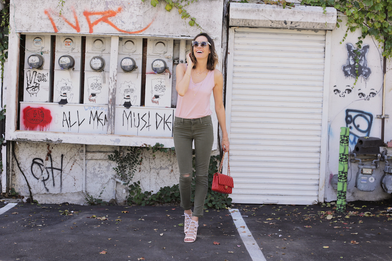 Louise Roe JBrand Skinny Cargo Pants Pink Tank - Front Roe fashion blog 3