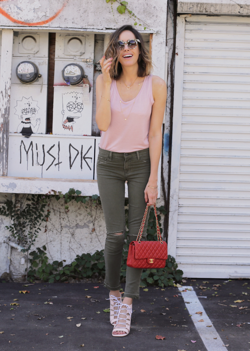 Louise Roe JBrand Skinny Cargo Pants Pink Tank - Front Roe fashion blog 5