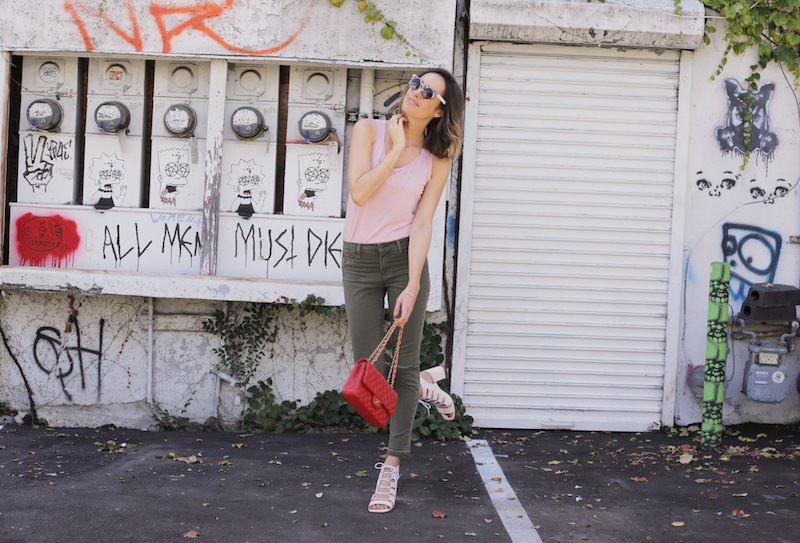 Louise Roe JBrand Skinny Cargo Pants Pink Tank - Front Roe fashion blog 9