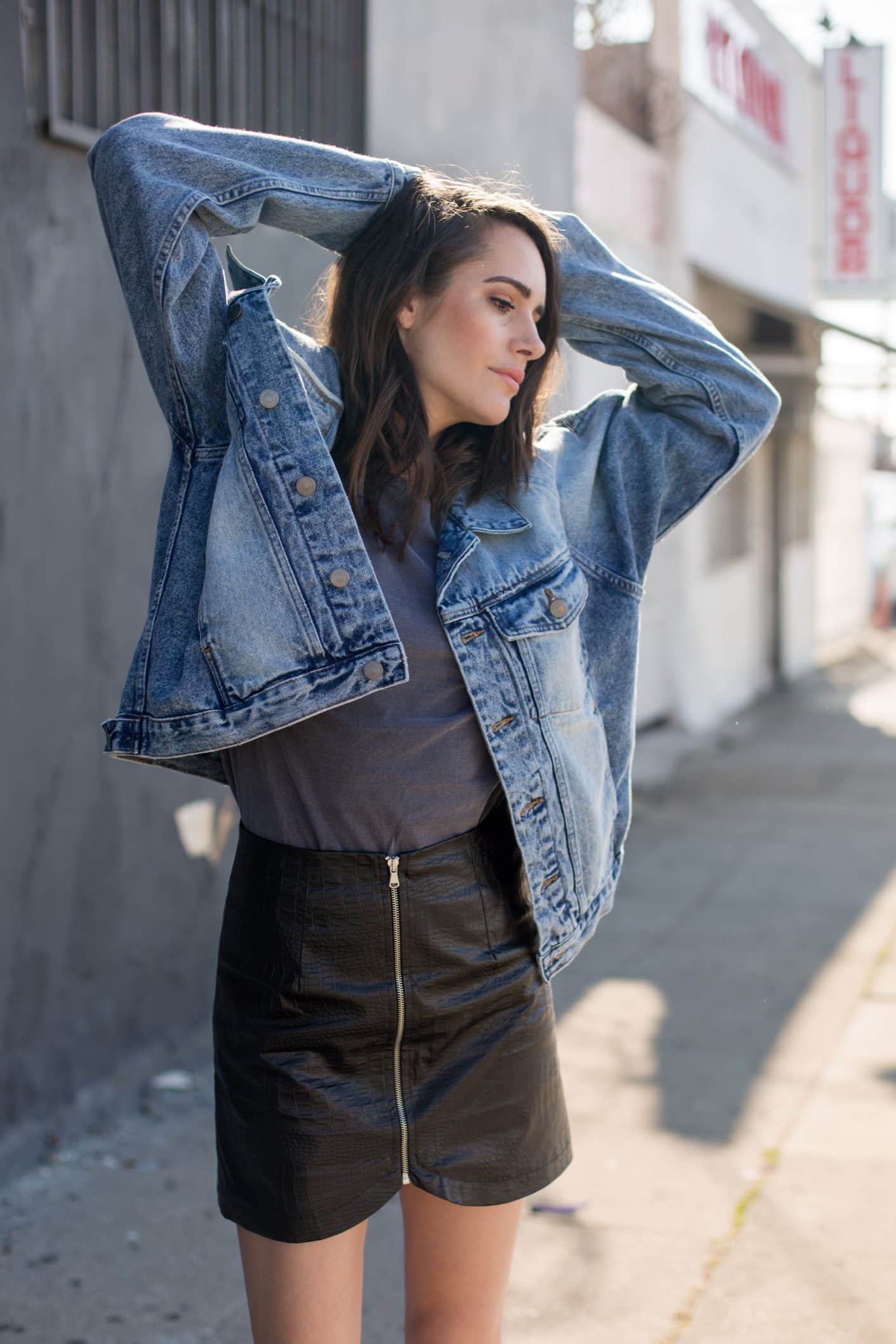 long leather skirt denim jacket