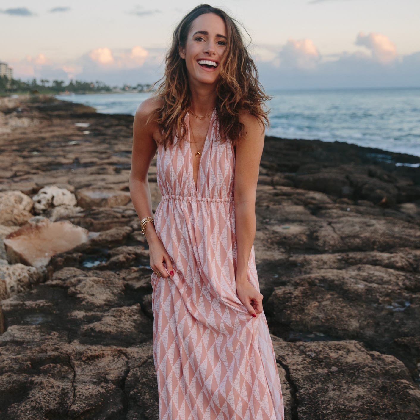 Louise Roe wearing a printed maxi dress in Hawaii