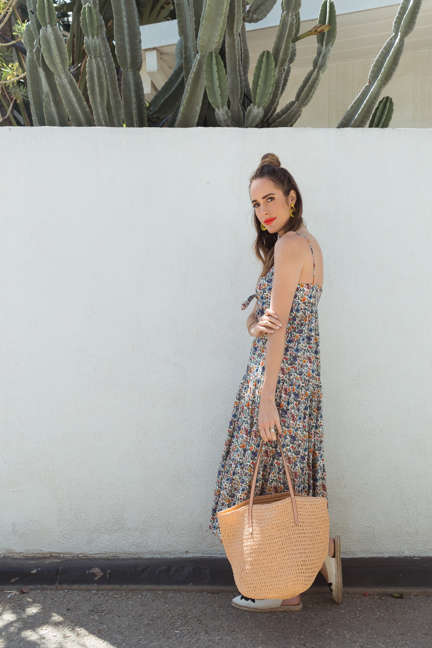 Louise Roe wearing a summer floral dress from J Crew