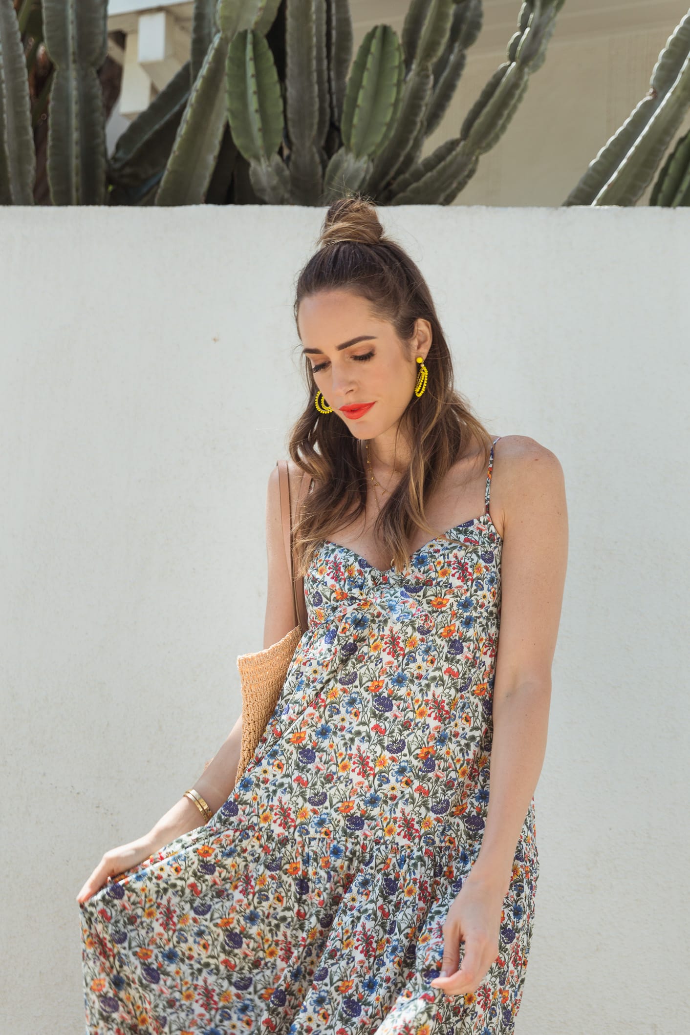 Louise Roe wearing a summer floral dress from J Crew