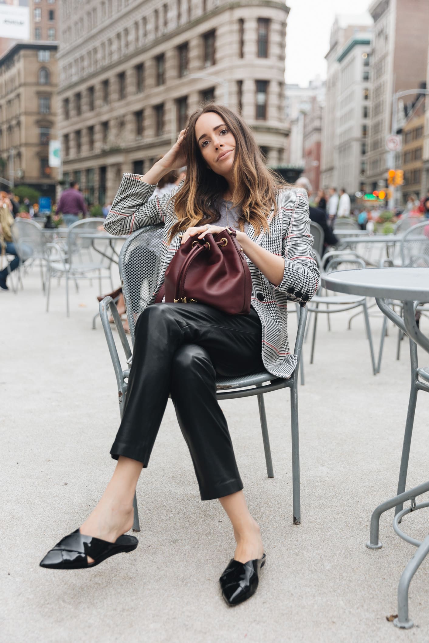 Louise Roe street style look with blazer and leather pants