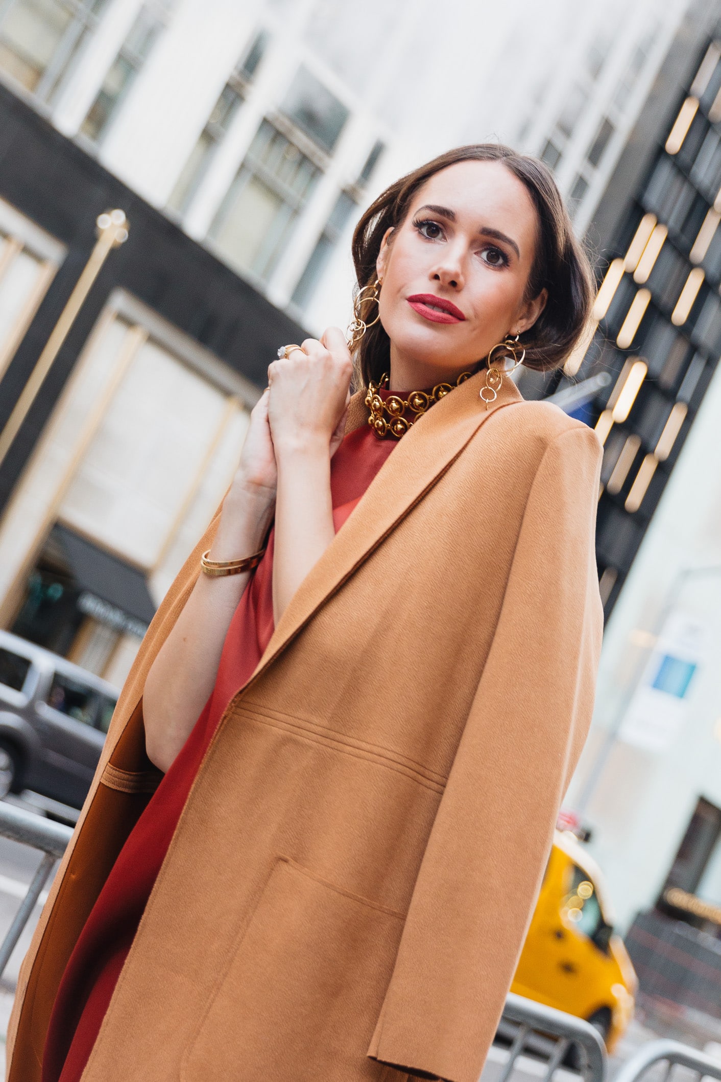Louise Roe wearing camel coat in NYC