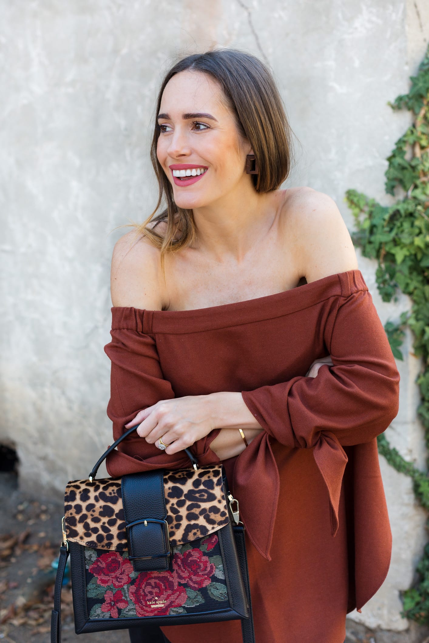 Louise Roe wearing leopard embroidered Kate Spade handbag for Fall