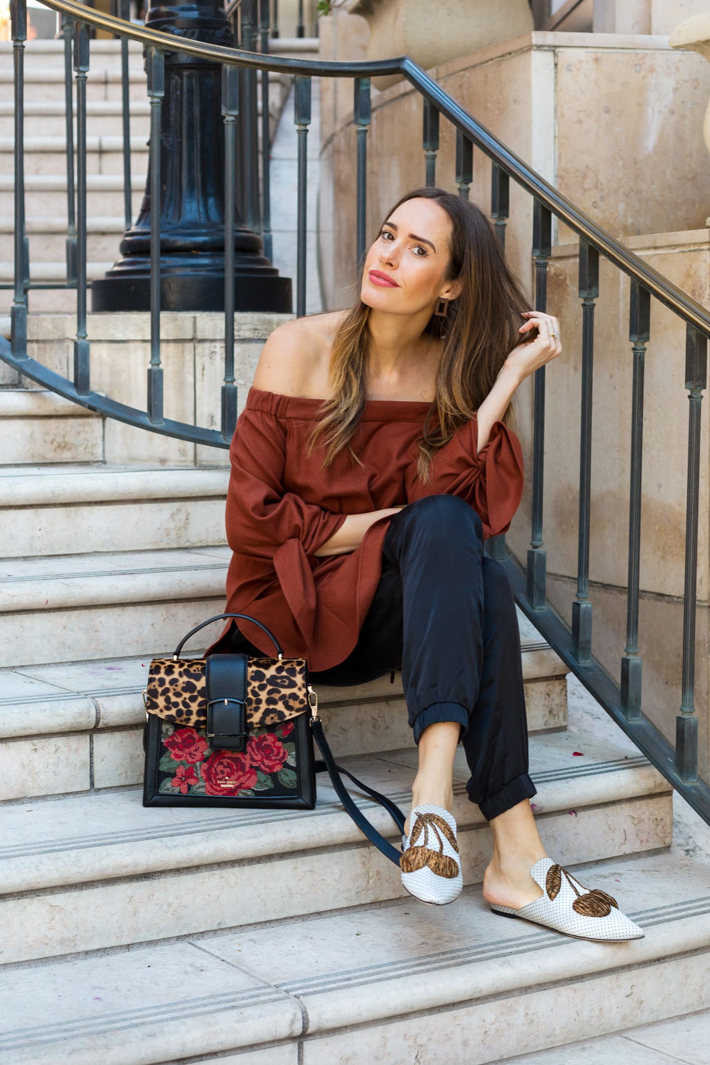 Louise Roe wearing leopard embroidered Kate Spade handbag for Fall