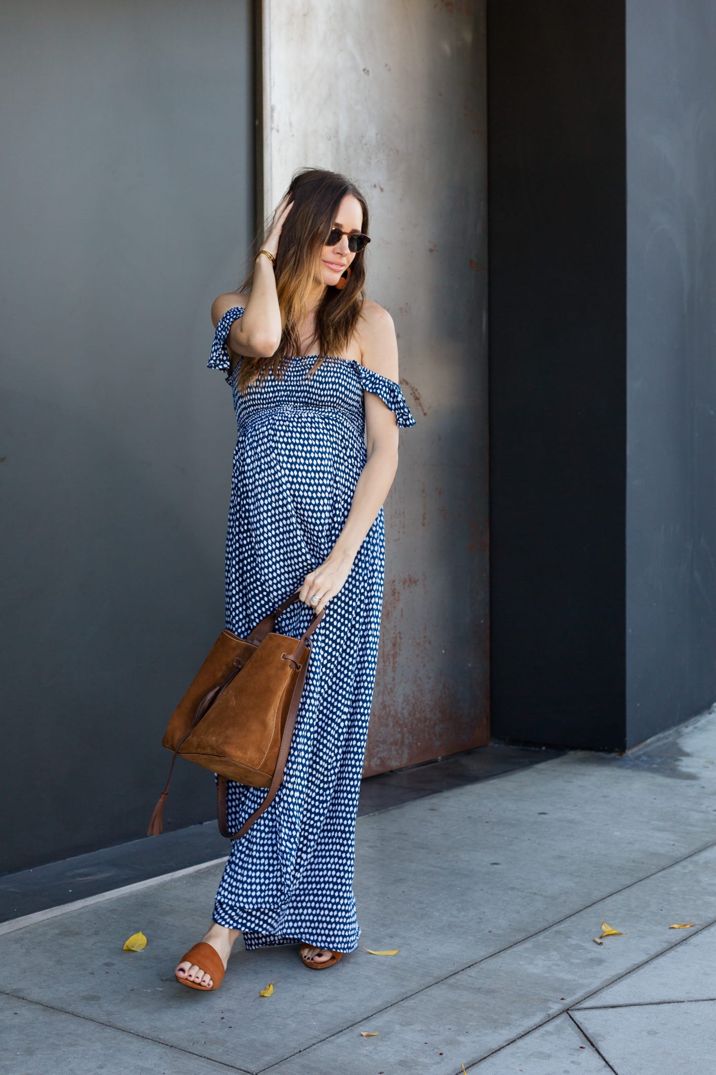Louise Roe Wearing Blue Maxi Dress and Tan Accessories Transitional Fall Outfit