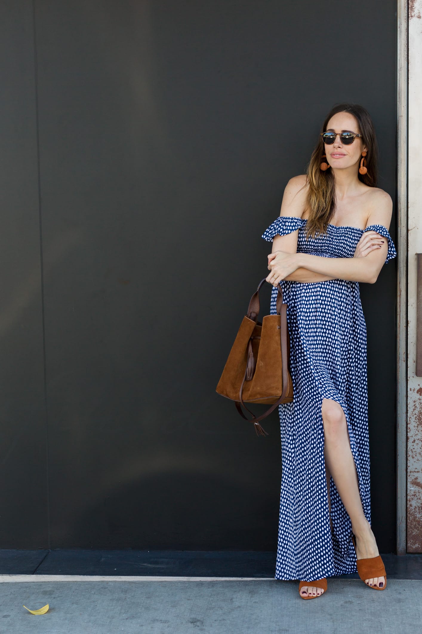 Louise Roe Wearing Blue Maxi Dress and Tan Accessories Transitional Fall Outfit