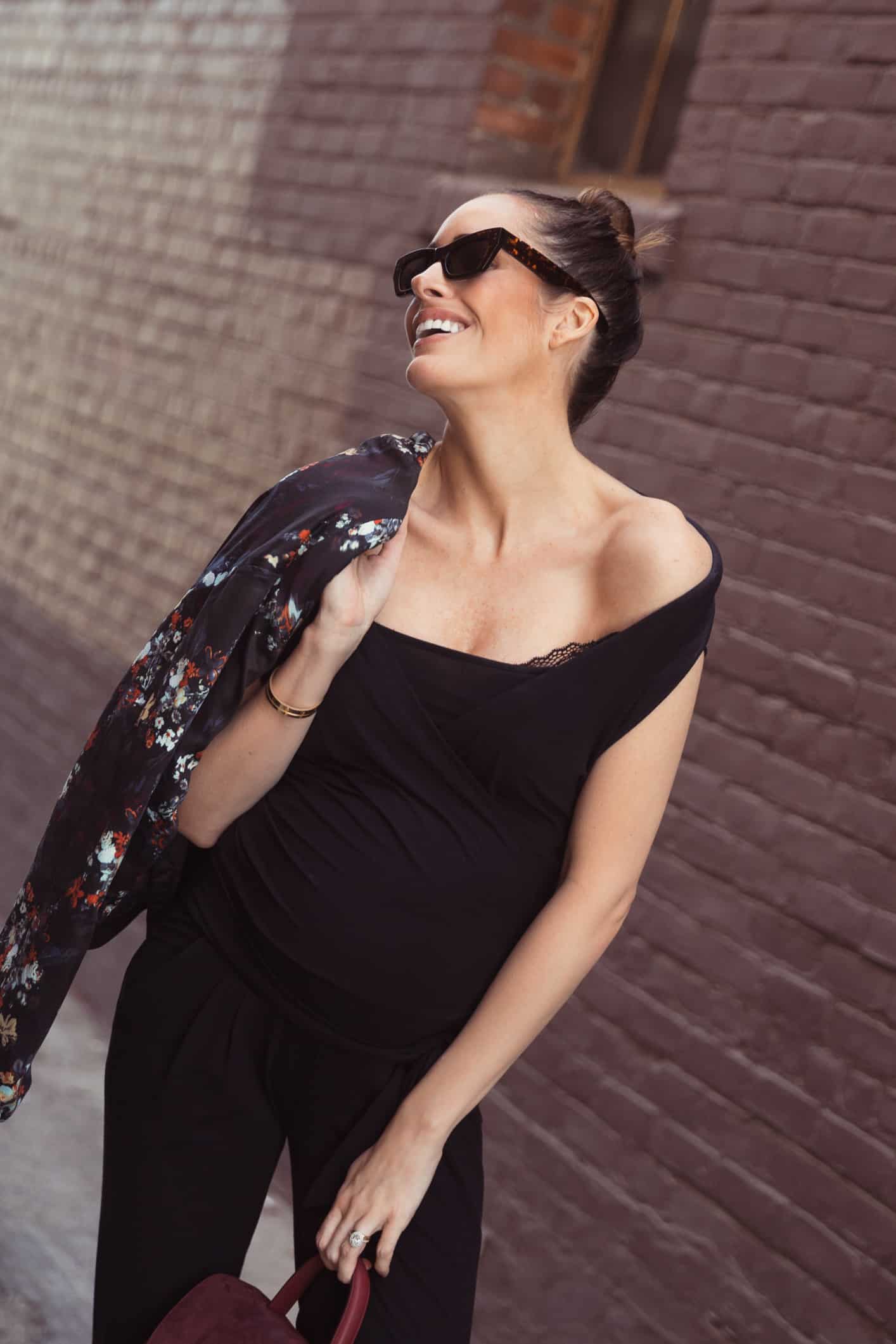 Louise Roe wearing Envie De Francaise jumpsuit Gestuz jacket Pared eyewear sunglasses Polene handbag and burgundy heels