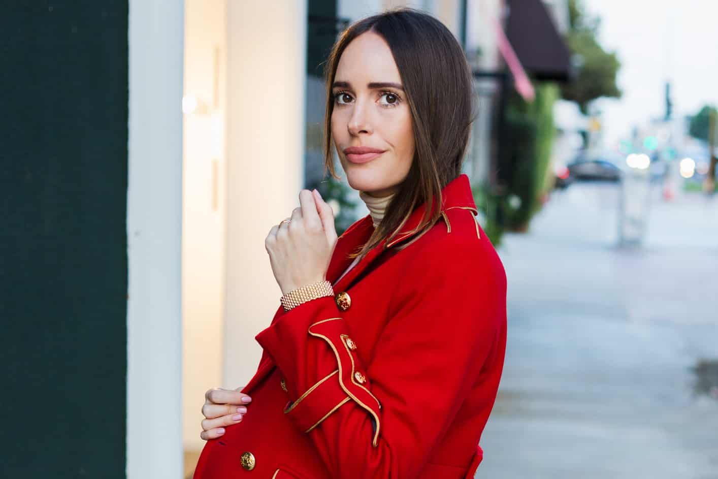 Louise Roe wearing Red Statement Military Coat
