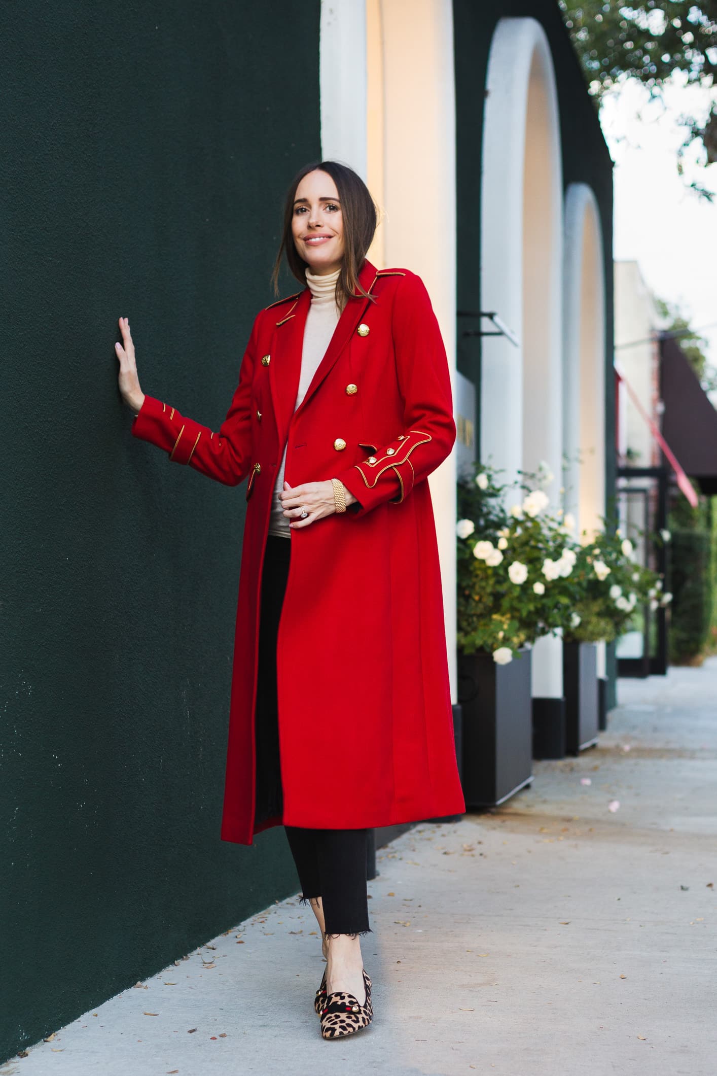 Louise Roe wearing Red Statement Military Coat