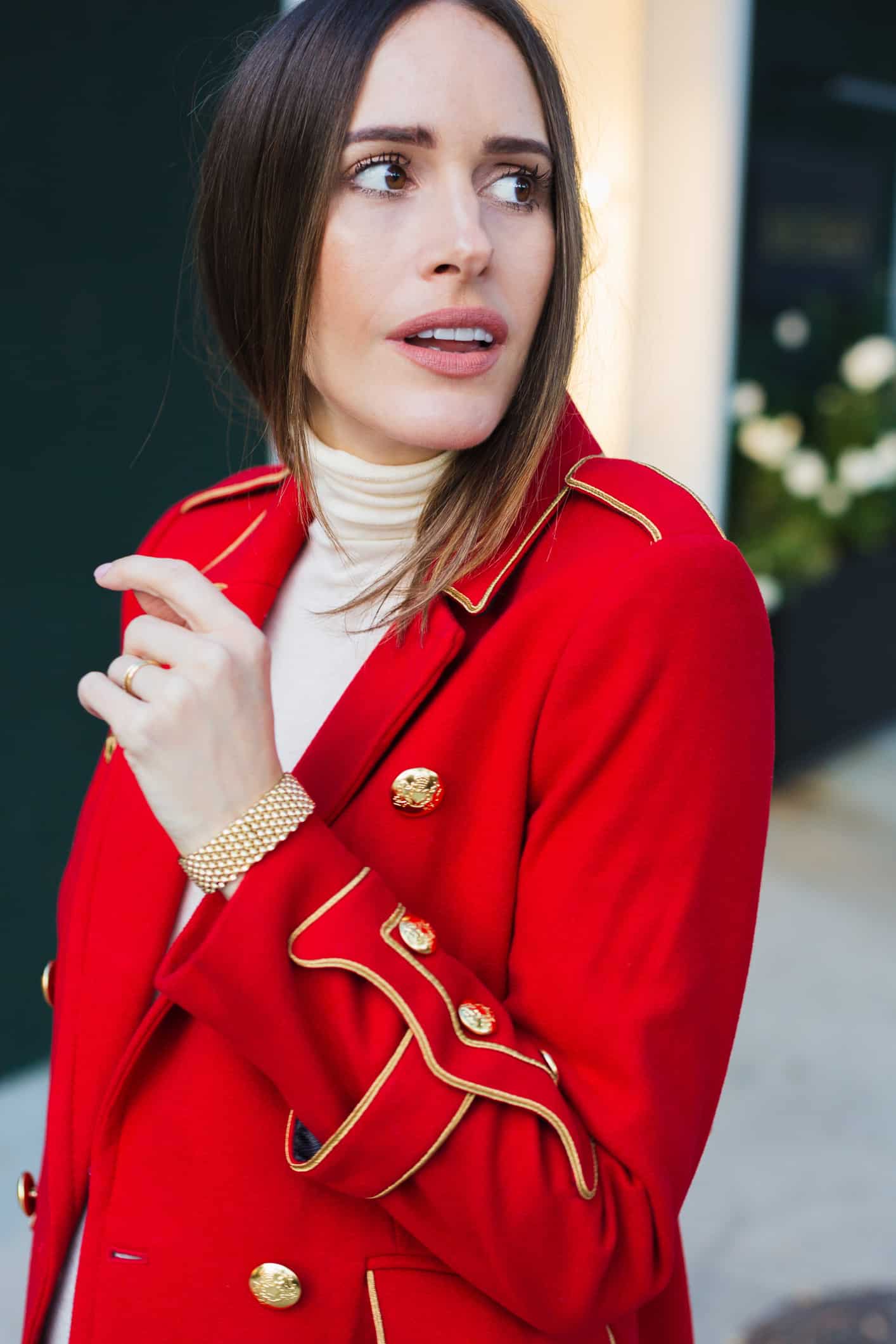 Louise Roe wearing Red Statement Military Coat