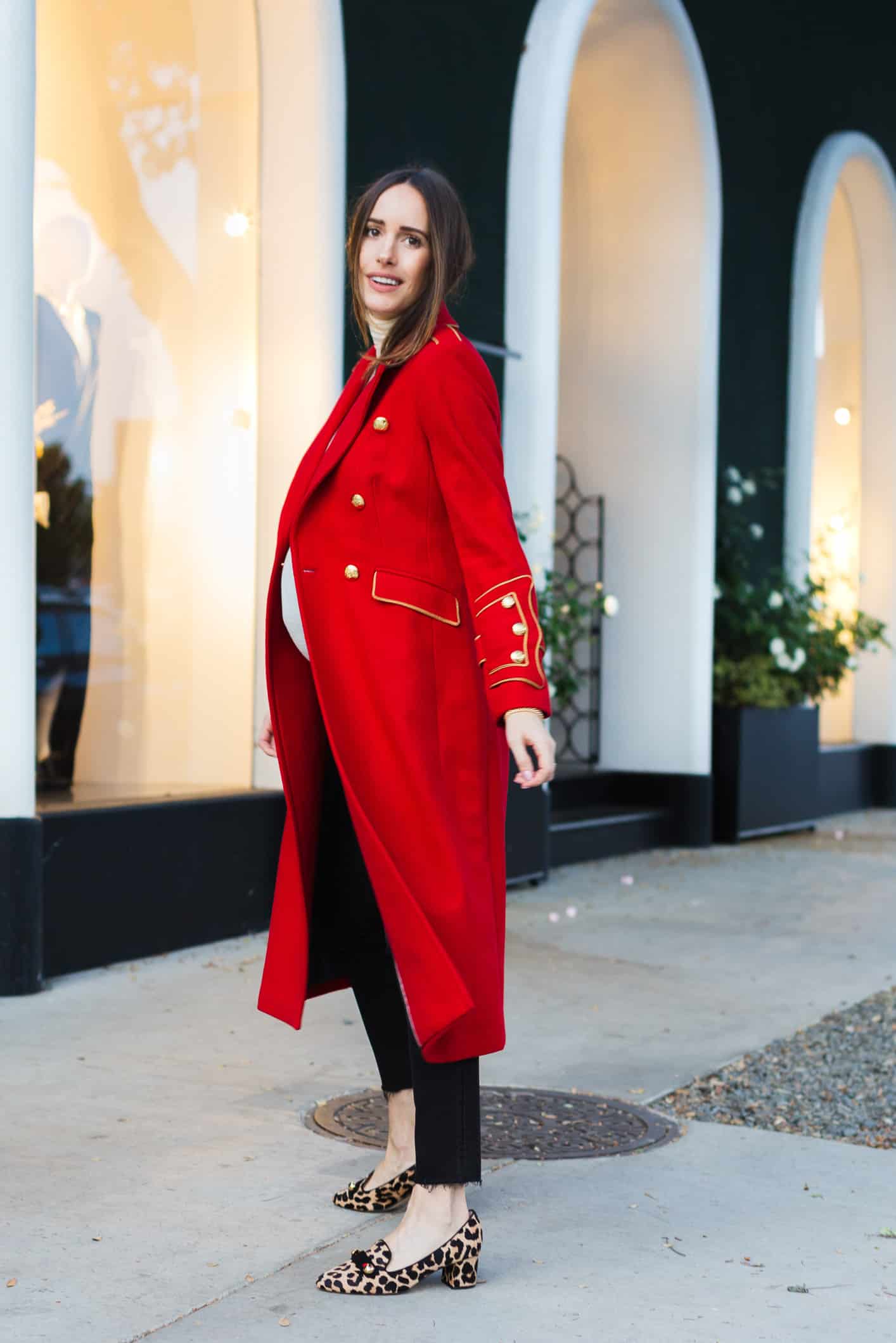 Louise Roe wearing Red Statement Military Coat