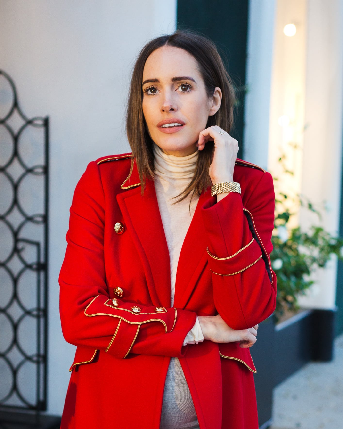 Louise Roe wearing Red Statement Military Coat