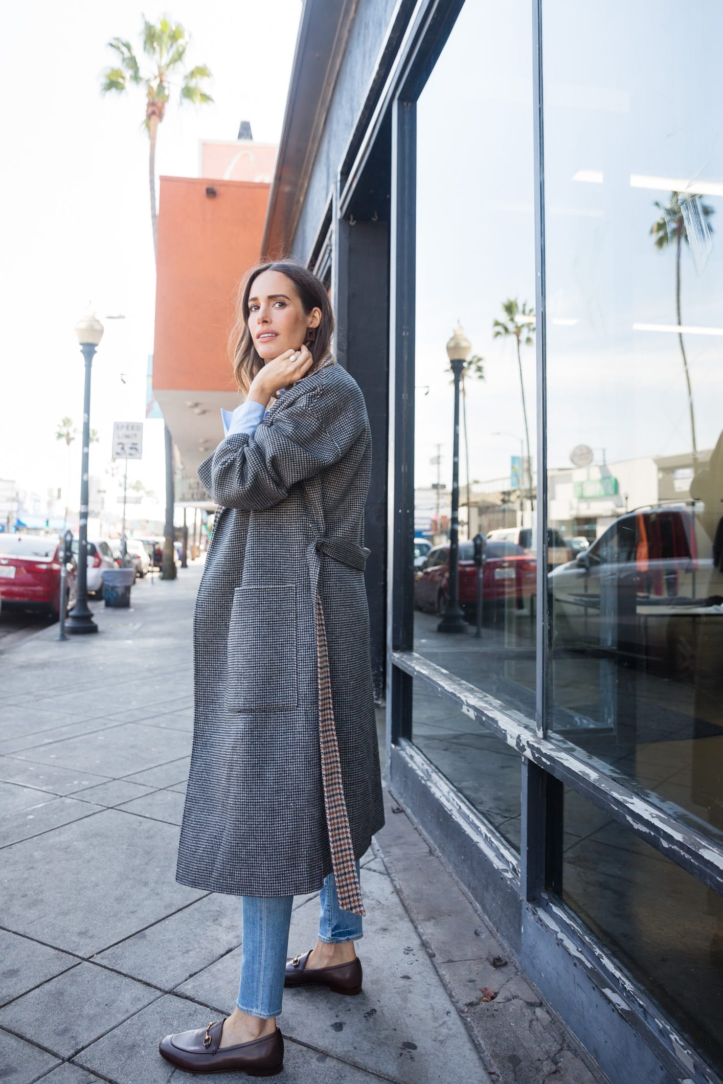Louise Roe wearing oversized menswear inspired coat in LA