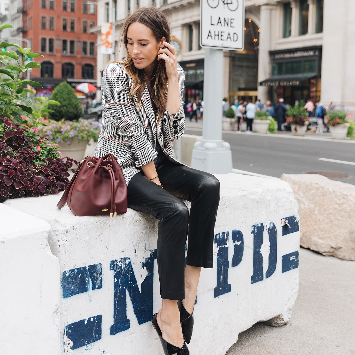 Louise Roe Wearing Anine Bing Blazer Leather Pants and Patent Flats