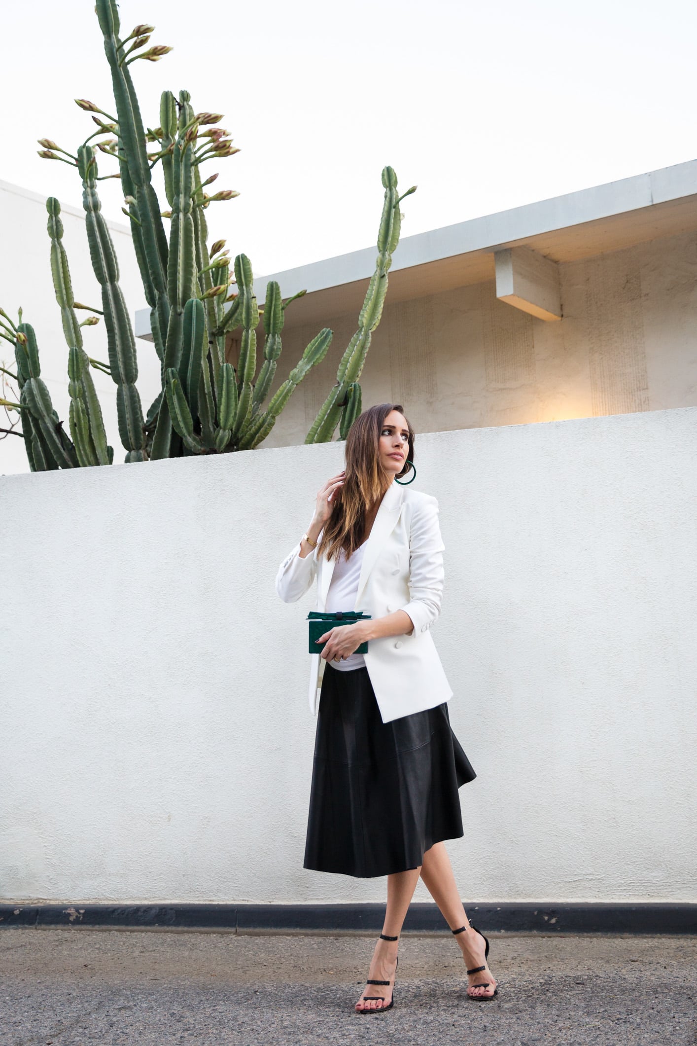 Louise Roe Wearing Winter White Outfit With Blazer Leather Skirt And Heels