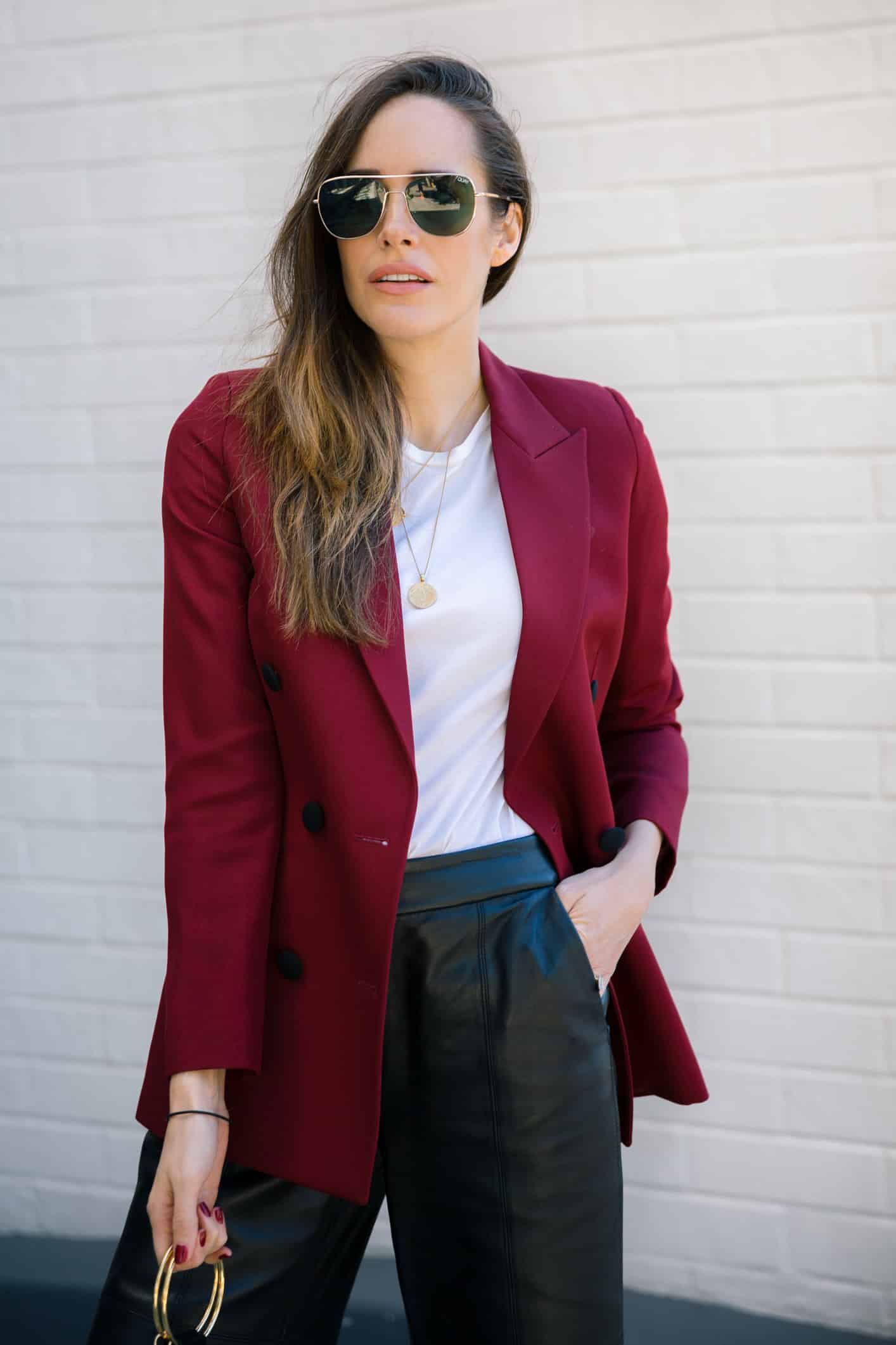 Louise Roe wearing Farrah and Sloane Spring Handbags Blazer Jimmy Choo Boots Leather Culottes and Quay Sunglasses