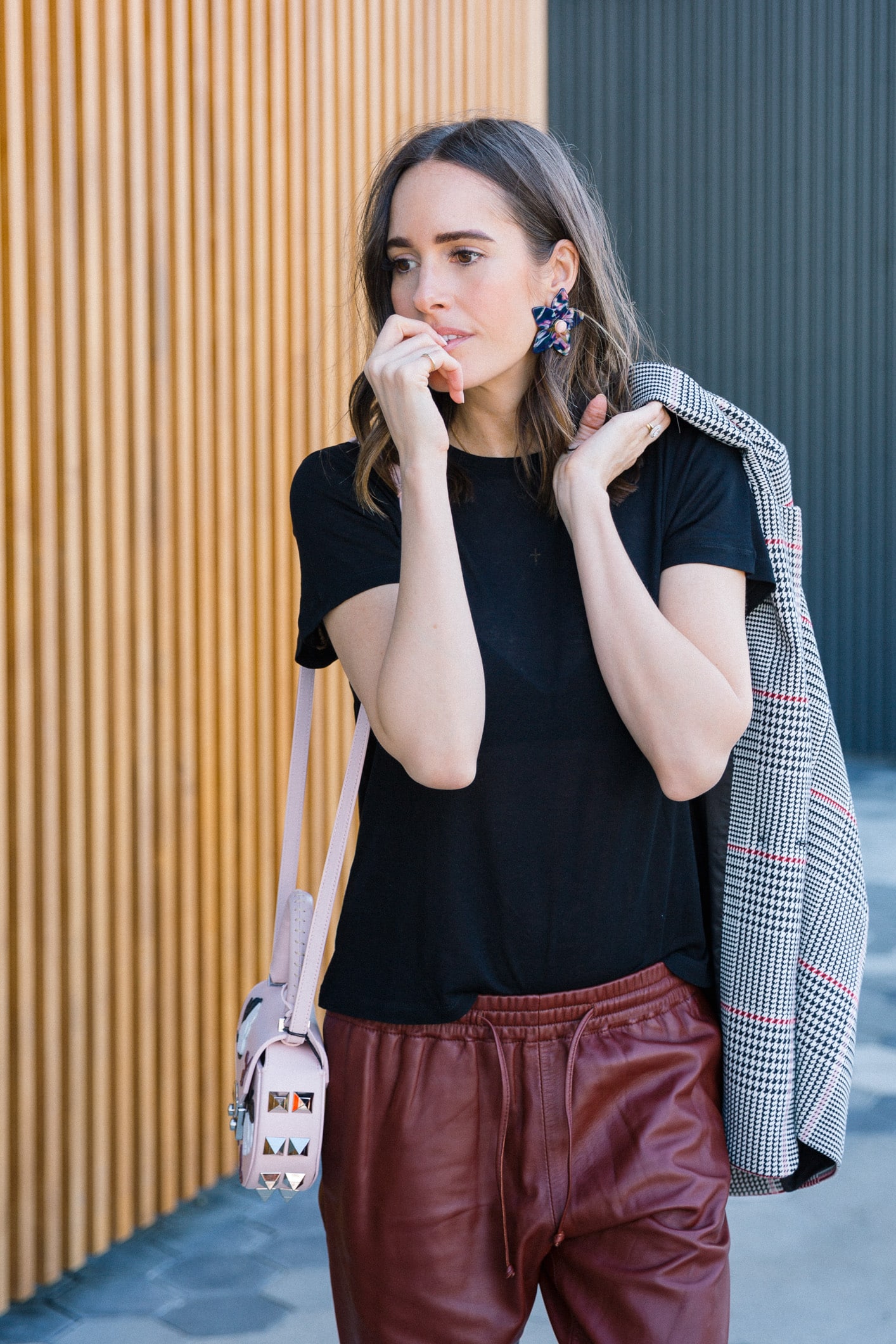 Louise Roe Spring Work Outfit With Leather Trousers Anine Bing Blazer And M. Gemi Heels