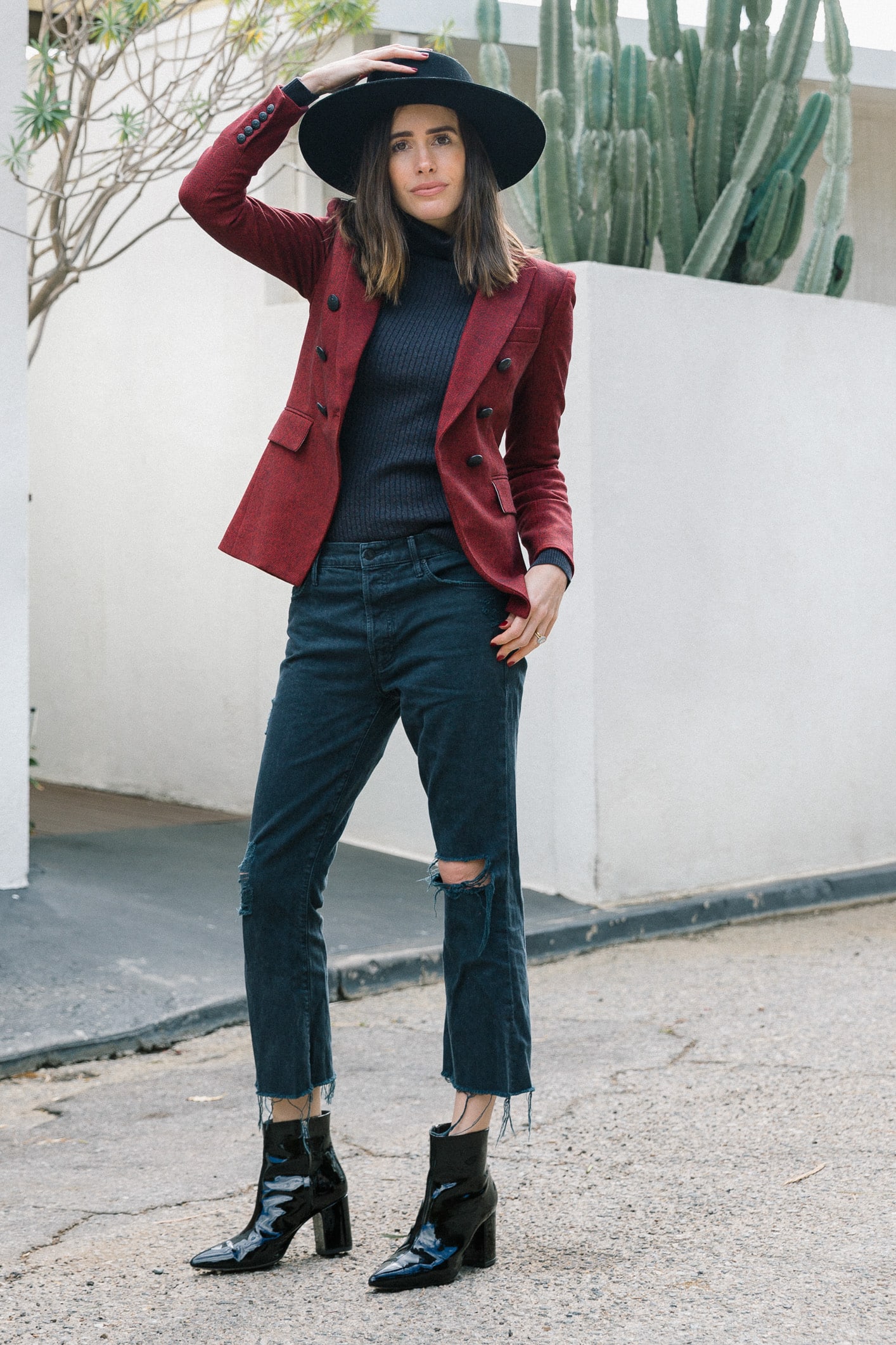 Louise Roe motherhood lessons wearing veronica beard blazer frame jeans anine bing boots and lack of colour hat