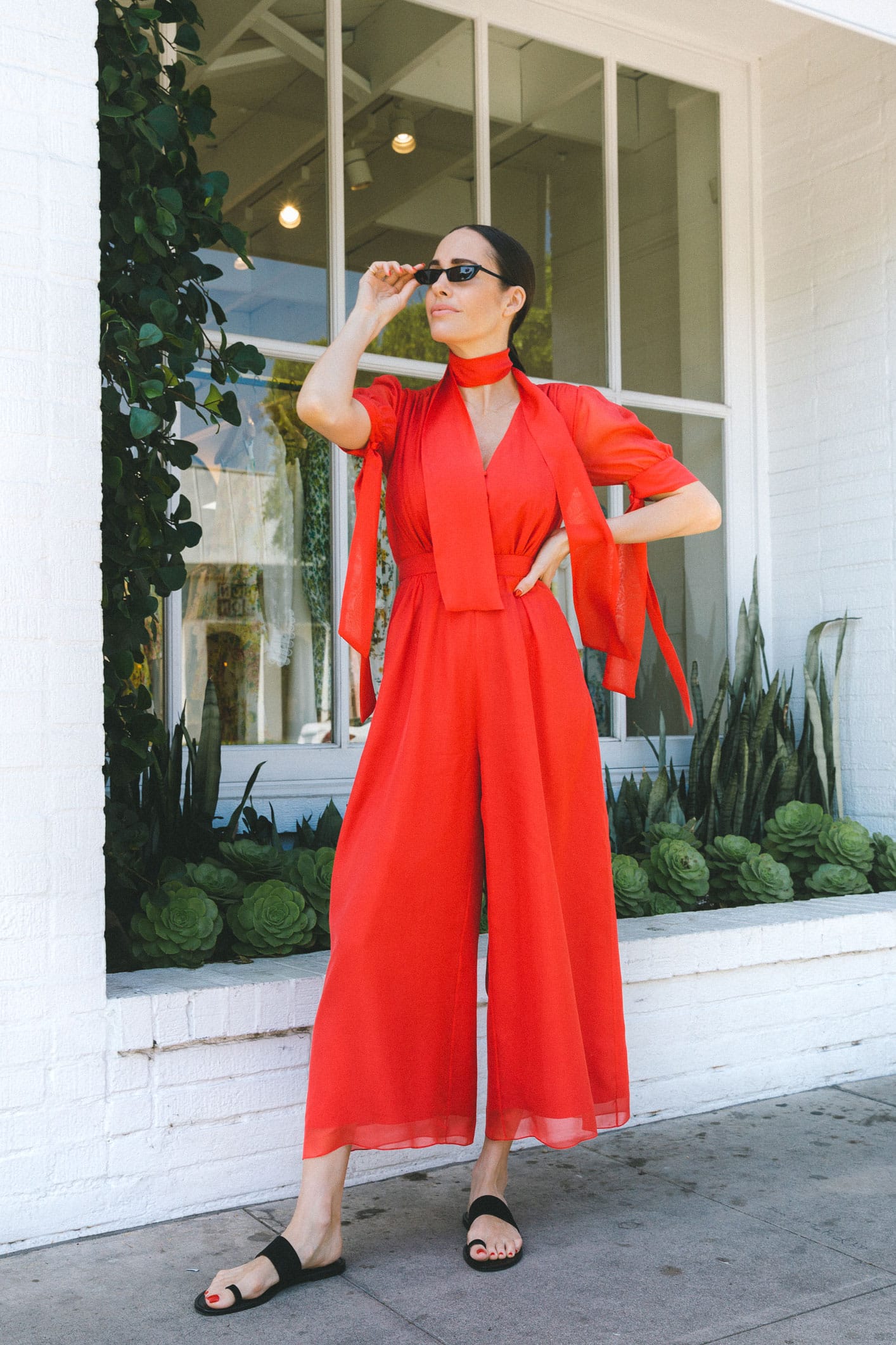 Louise Roe Wearing Red Beulah Jumpsuit Shares Blogging Tips and Career Advice