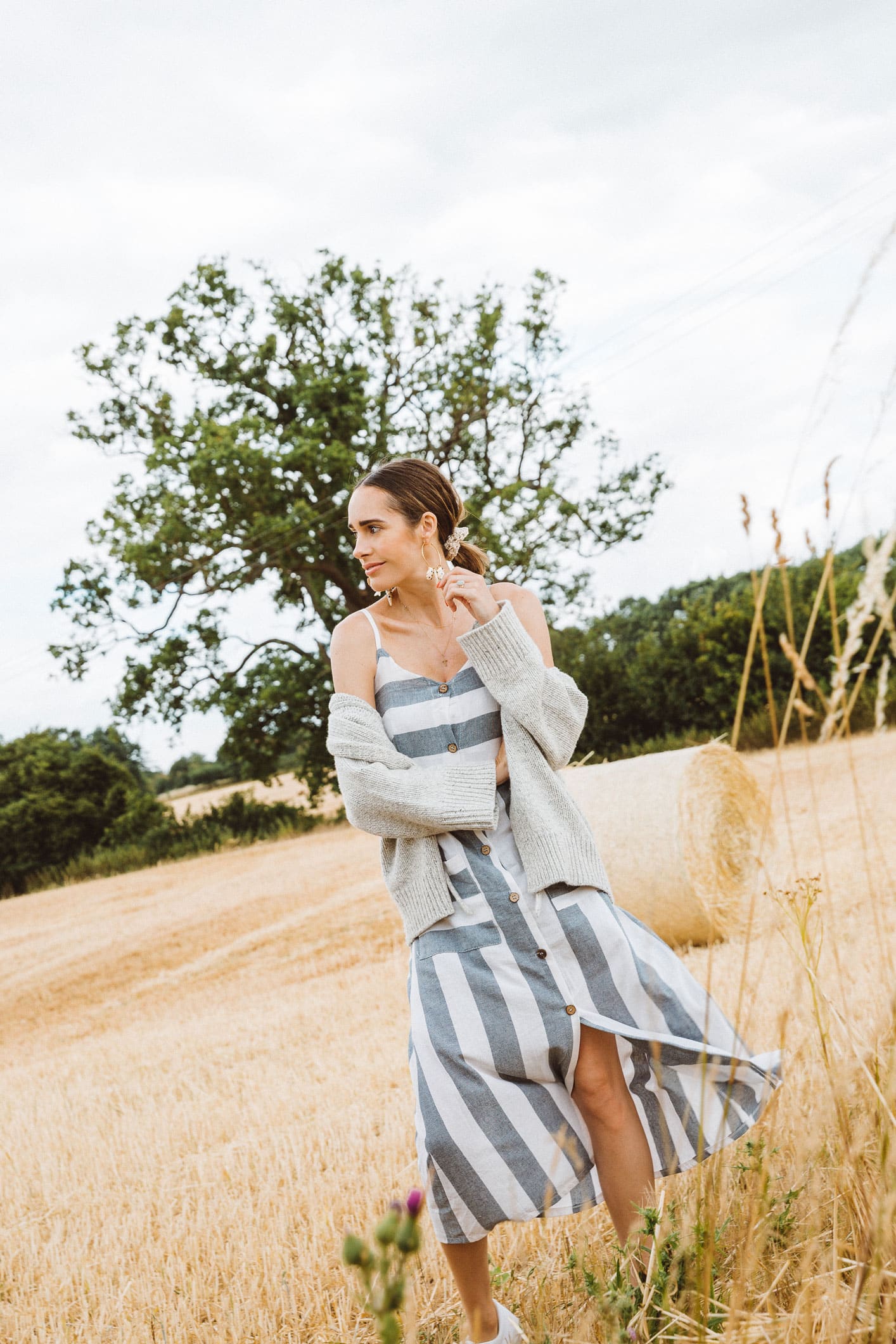 Louise Roe Wearing Summer Trends With Linen Dress Seashell Earrings and Scrunchies