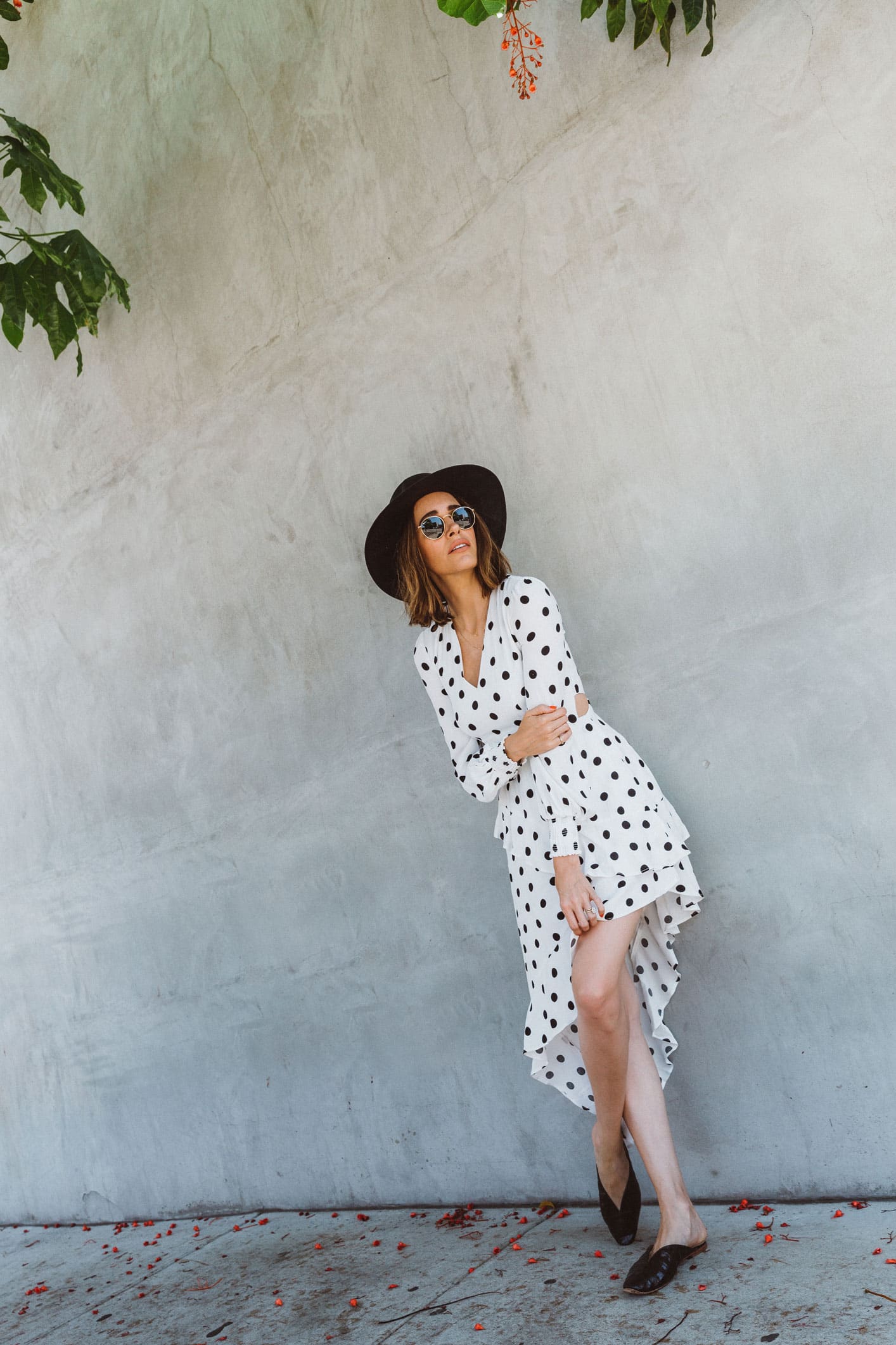 Louise Roe wearing summer polka dot dress and leather mules